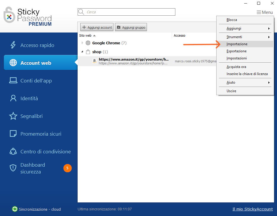 importazione sticky password