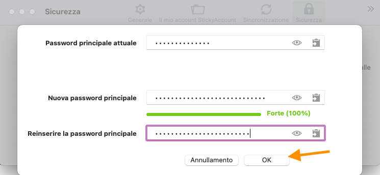 Modifica master password completata