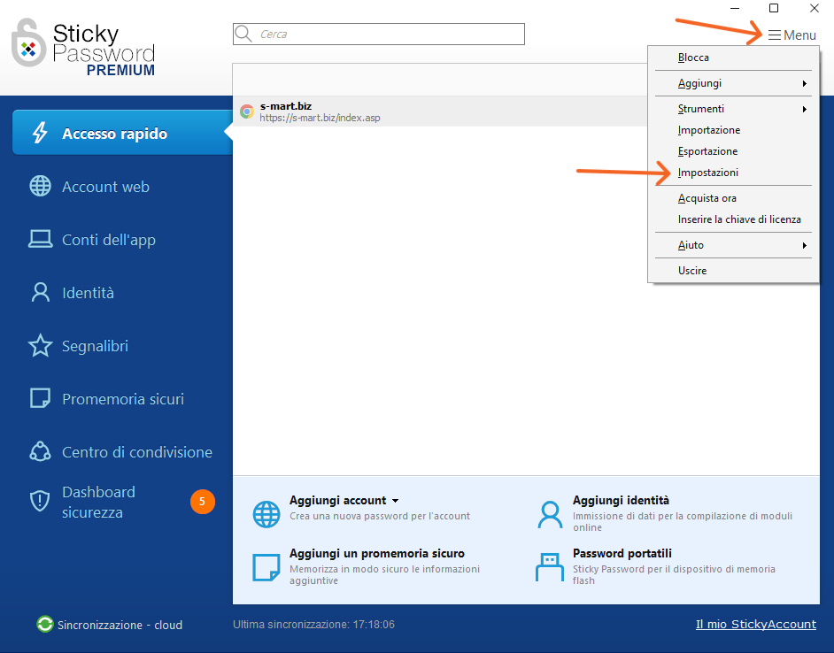 impostazioni sticky password