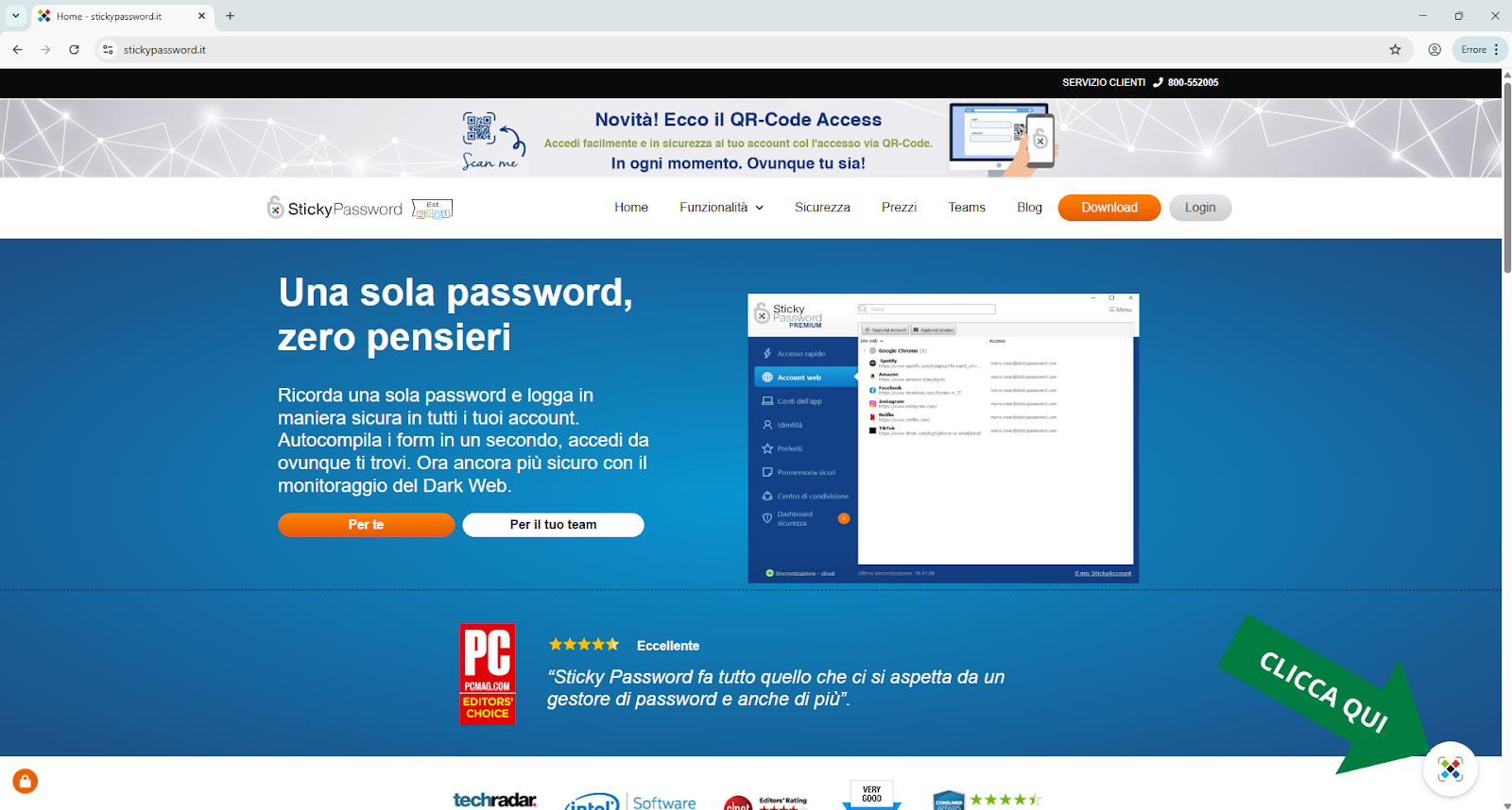 Utilizza il pulsante QR-Code Access su StickyPassword.it.
