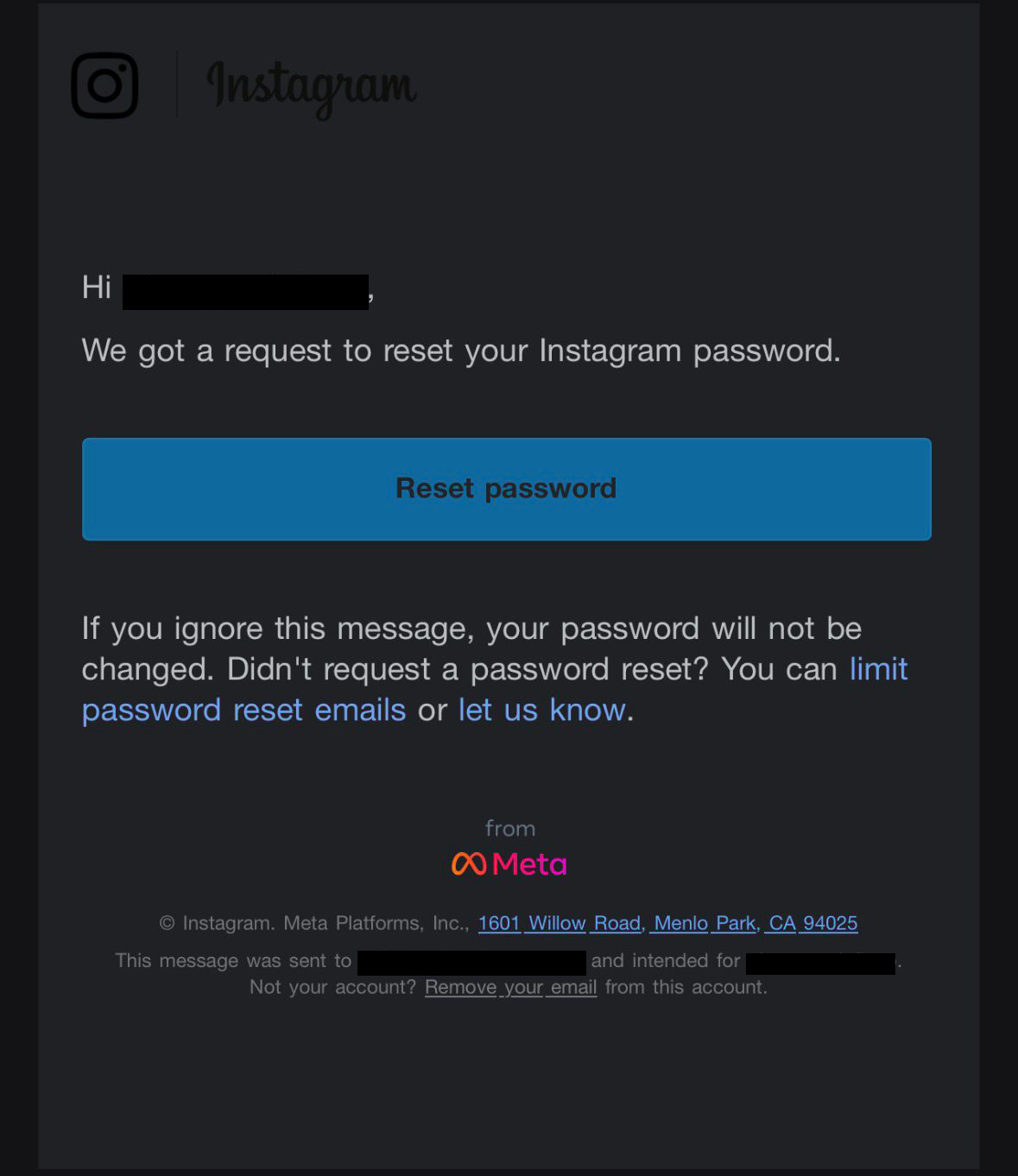 email per il reset della password di instagram 